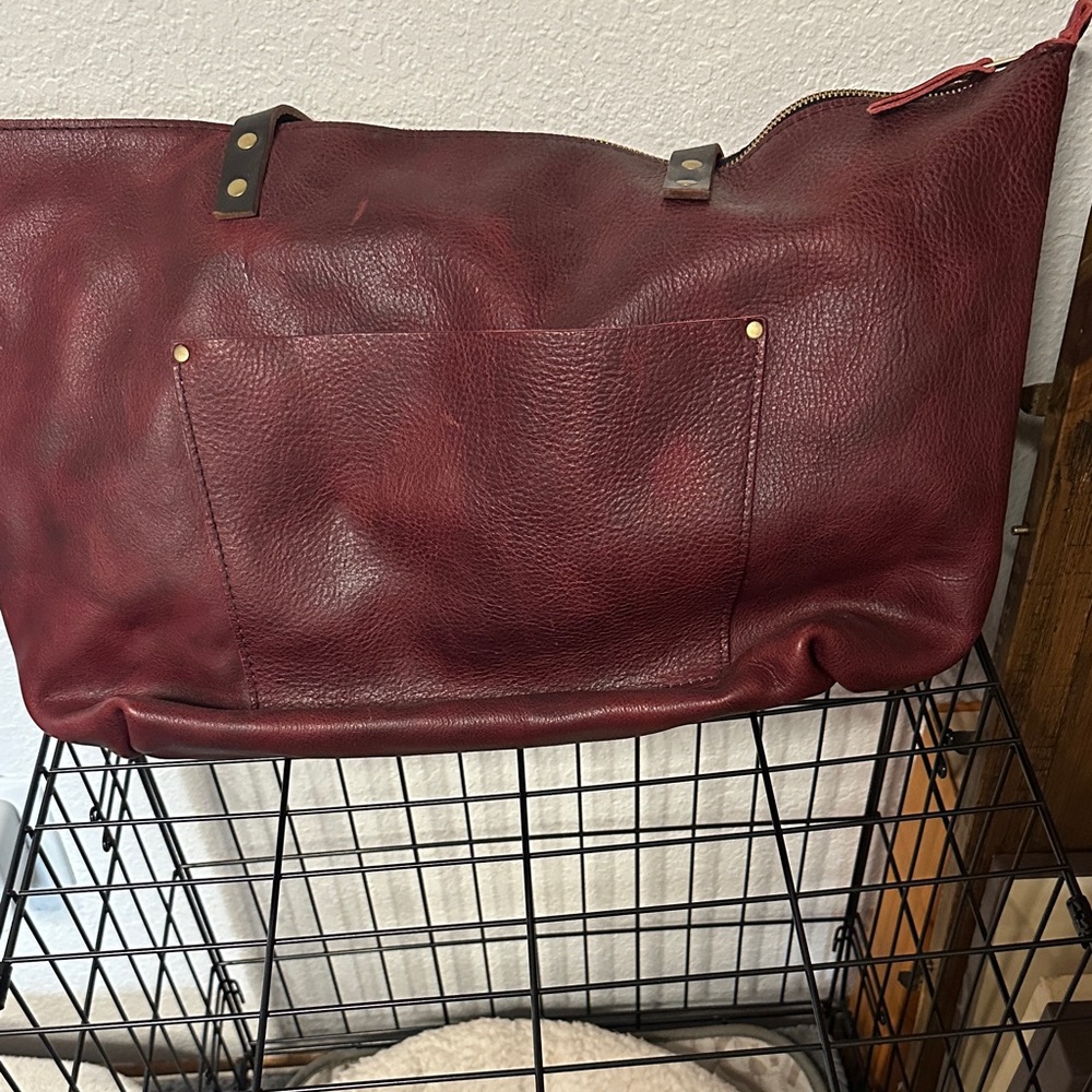 Deep Red Leather Tote with Front Pocket